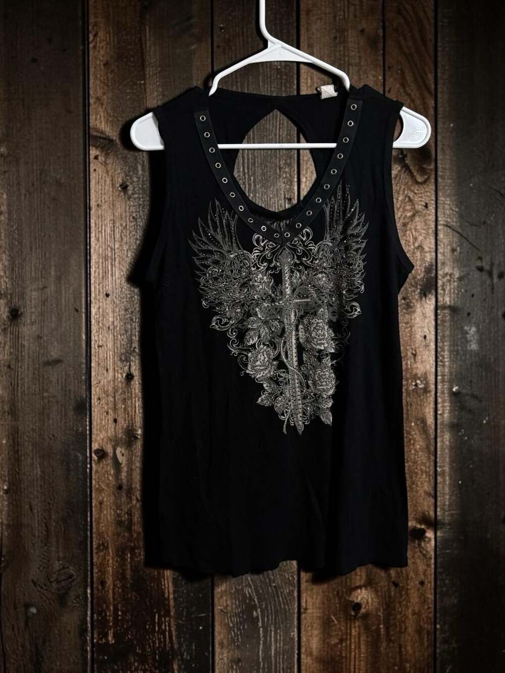 Vocal Black Graphic Tank Top with Rhinestone Cross and Grommet Neckline